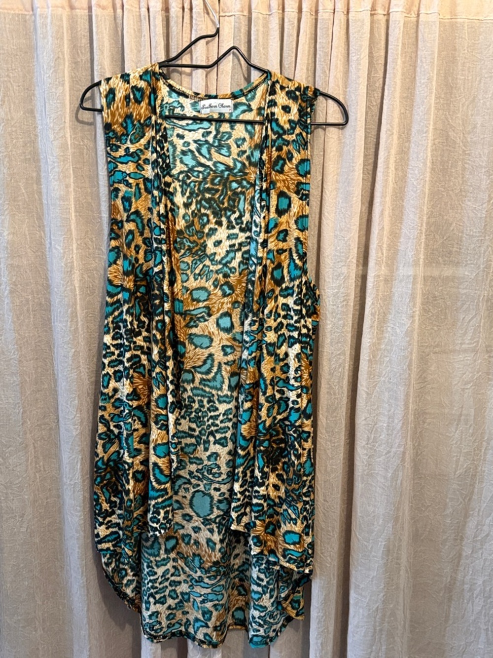 Lularoe Teal & Gold Animal Print Sleeveless Duster Vest